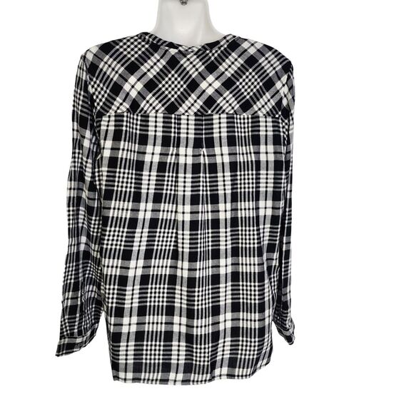 Talbots Women Top Medium Black White Plaid Popover Split Neck Long Sleeve Blouse - Picture 2 of 13